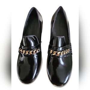 Stella McCartney Black Vegan Patent Leather Loafers Platform With Gold Chain 38
